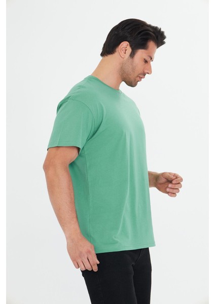 Erkek Pamuklu Bisiklet Yaka Oversize Tişört Yeşil 5015-Y fırsatları