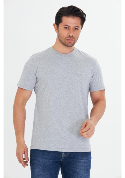 Erkek Pamuklu Bisiklet Yaka Tişört Gri 5014-G