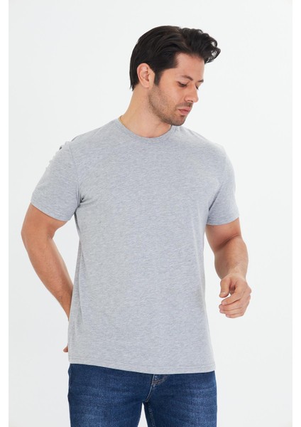 Erkek Pamuklu Bisiklet Yaka Tişört Gri 5014-G fiyatları