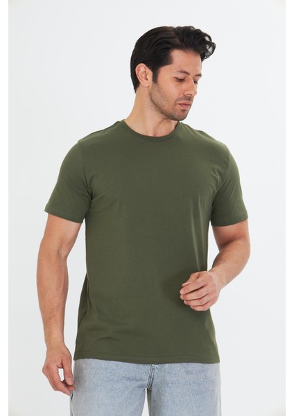 Erkek Pamuklu Bisiklet Yaka Tişört Haki 5014-H