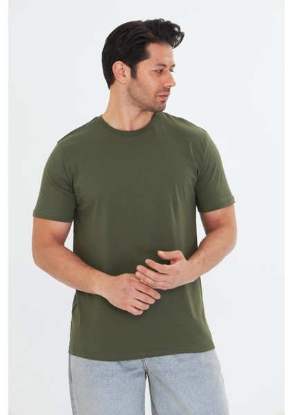 Erkek Pamuklu Bisiklet Yaka Tişört Haki 5014-H fiyatları