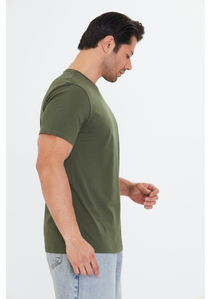 Erkek Pamuklu Bisiklet Yaka Tişört Haki 5014-H modelleri