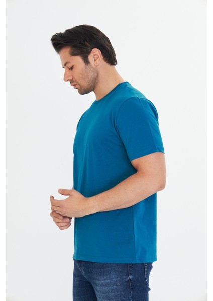 Erkek Pamuklu Bisiklet Yaka Tişört Mavi 5014-M fırsatları