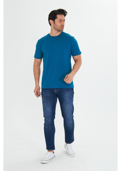 Erkek Pamuklu Bisiklet Yaka Tişört Mavi 5014-M indirimleri