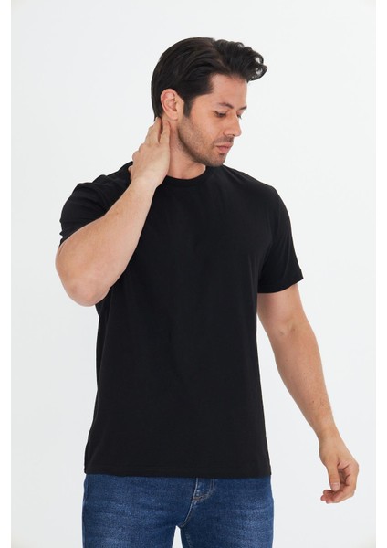 Erkek Pamuklu Bisiklet Yaka Tişört Siyah 5014-S