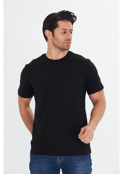 Erkek Pamuklu Bisiklet Yaka Tişört Siyah 5014-S fiyatları