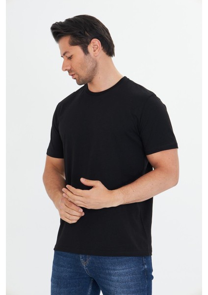 Erkek Pamuklu Bisiklet Yaka Tişört Siyah 5014-S fırsatları