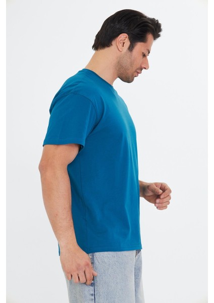 Erkek Pamuklu Bisiklet Yaka Oversize Tişört Mavi 5015-M