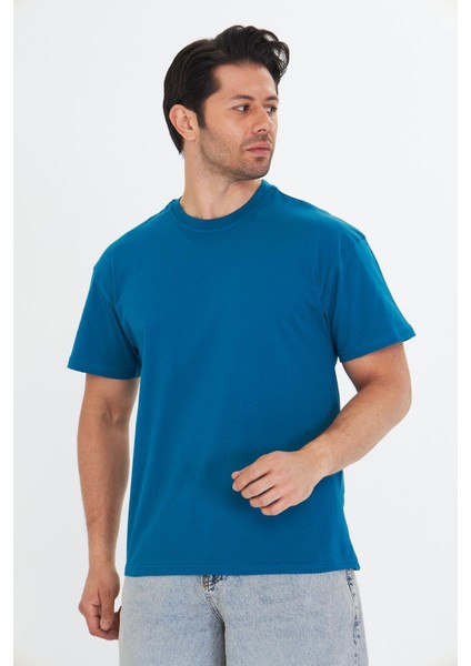 Erkek Pamuklu Bisiklet Yaka Oversize Tişört Mavi 5015-M