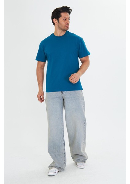 Erkek Pamuklu Bisiklet Yaka Oversize Tişört Mavi 5015-M fiyatları