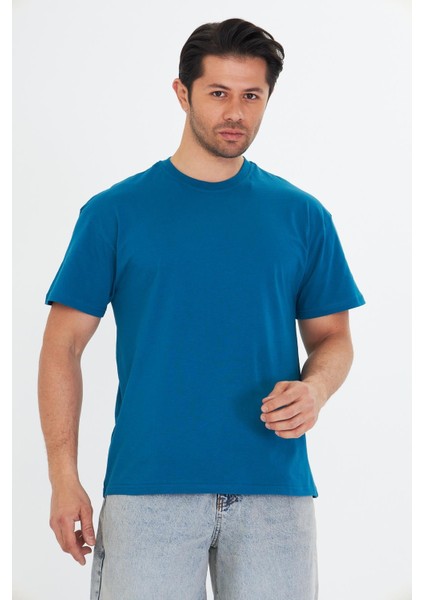 Erkek Pamuklu Bisiklet Yaka Oversize Tişört Mavi 5015-M modelleri