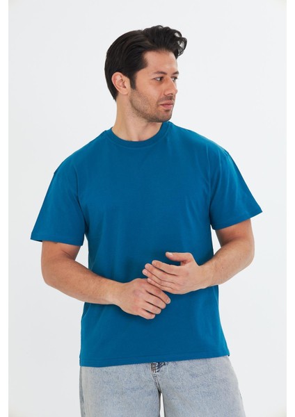 Erkek Pamuklu Bisiklet Yaka Oversize Tişört Mavi 5015-M fırsatları