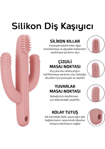 2'li Bebek Diş Kaşıyıcı Seti - Silikon Diş Kaşıma Emziği, Kaktüs Silikon Diş Kaşıyıcı - Pembe