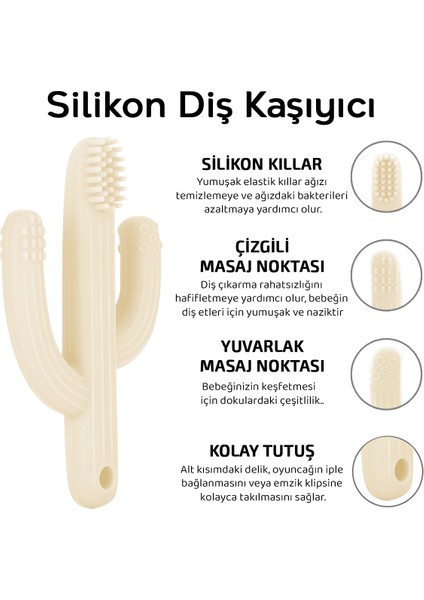 2'li Bebek Diş Kaşıyıcı Seti - Silikon Diş Kaşıma Emziği, Kaktüs Silikon Diş Kaşıyıcı - Bej