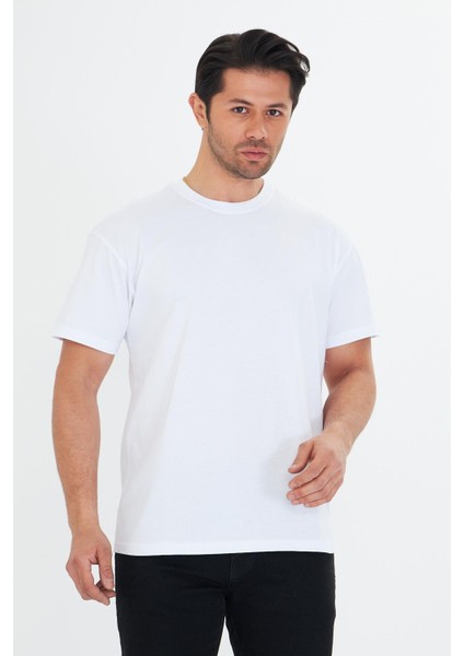 Erkek Pamuklu Bisiklet Yaka Oversize Tişört Beyaz 5015-B modelleri