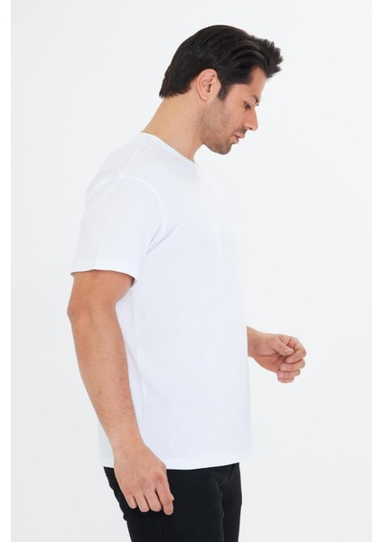 Erkek Pamuklu Bisiklet Yaka Oversize Tişört Beyaz 5015-B indirimleri