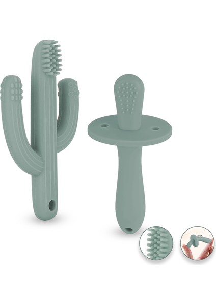 2'li Bebek Diş Kaşıyıcı Seti - Silikon Diş Kaşıma Emziği, Kaktüs Silikon Diş Kaşıyıcı - Yeşil