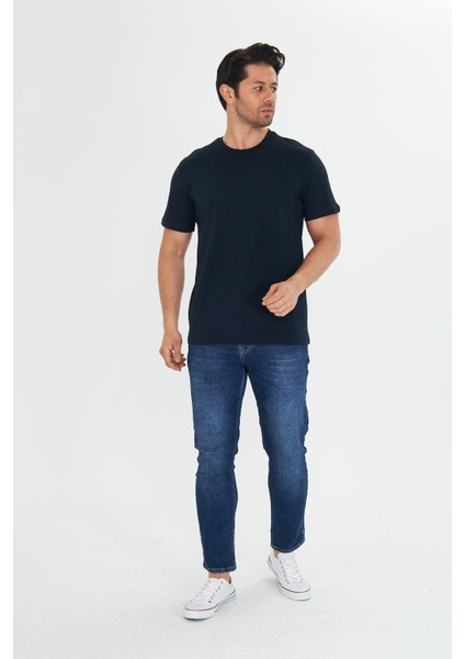 Erkek Pamuklu Bisiklet Yaka Tişört Lacivert 5014-L