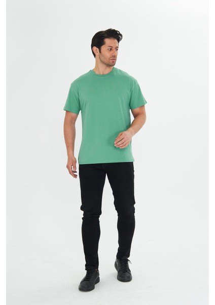 Erkek Pamuklu Bisiklet Yaka Oversize Tişört Yeşil 5015-Y