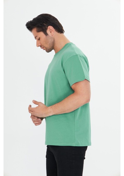 Erkek Pamuklu Bisiklet Yaka Oversize Tişört Yeşil 5015-Y