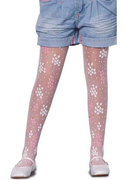 Çocuk Dot Flower Kızıl Ten Çiçek Desenli Ince Külotlu Çorap
