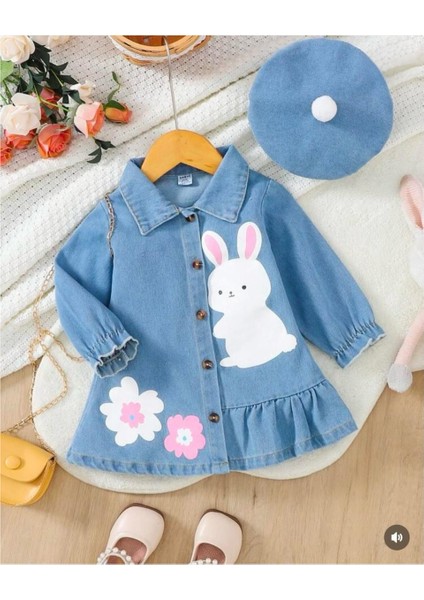 Kız Çocuk Tavşan Figürlü Açık Mavi Kot Elbise ve Şapka