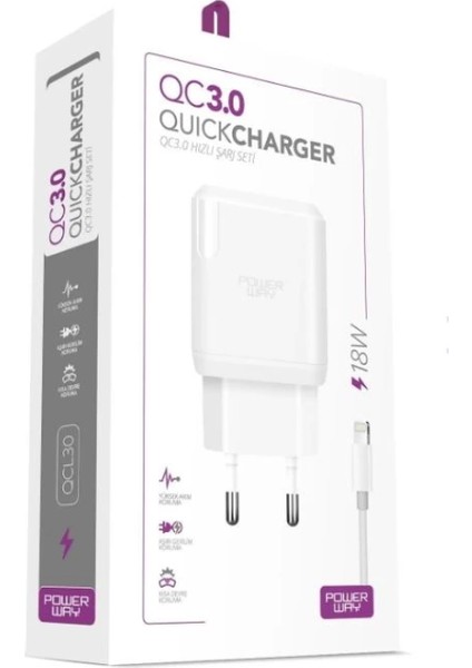 Powerway QCL30 Hızlı 3000 Ma 18W Lıghtnıng Şarj Kafa Başlık Adaptörü (4887)