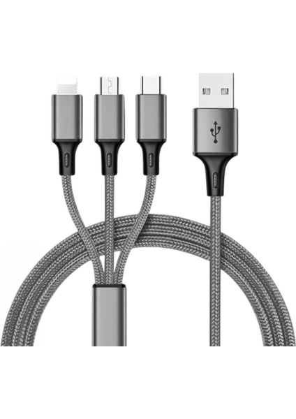 3ın1 Gümüş 1.2 Metre (Mıcro USB - Lıghtnıng - Type C) Telefon Şarj Kablosu (4887)