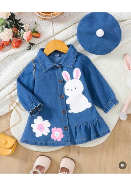 Kız Çocuk Tavşan Figürlü Açık Mavi Kot Elbise ve Şapka