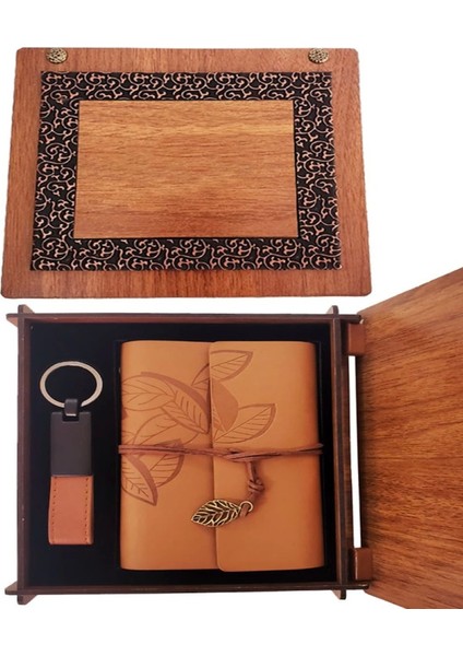 Ahşap Kutulu Taba Renk Deri Defter Anahtarlık Set