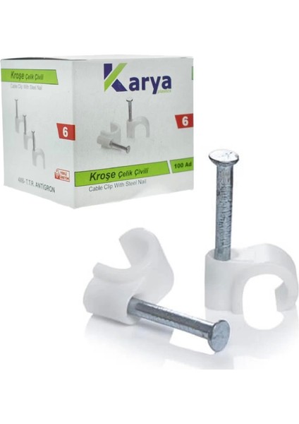 Kroşe 6 Numara Çelik Çivili 12 mm (4*6 Antigron Kablolar Için) 100LÜ Poşet Karya (4887)