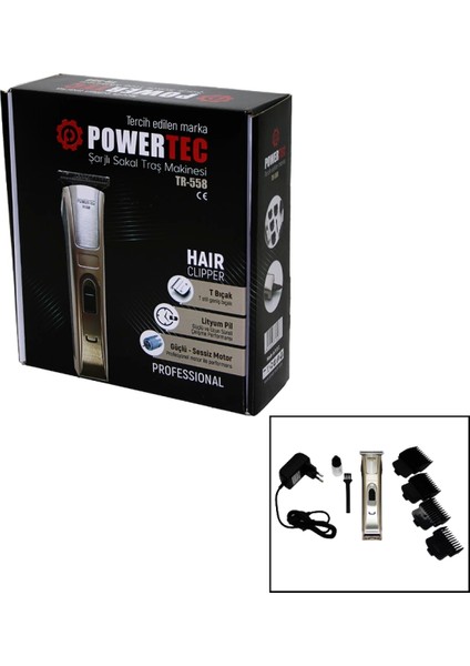 Powertec TR-558 Şarjlı Saç Sakal Ense Çizim Traş Makinesi T Bıçak (4887)