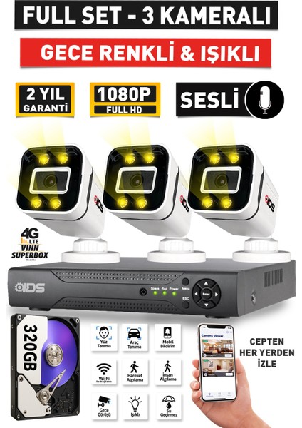Sesli - 3 Kameralı Fullhd Gece Renkli ve Işıklı Güvenlik Kamerası - Kamera Seti 320GB Disk