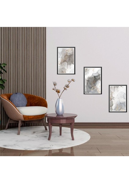 3'lü Mermer Desen Gri Soyut Foreks Tablo
