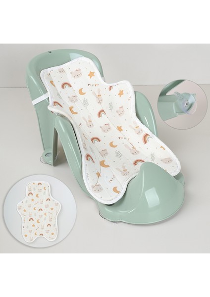 2'li Bebek Yıkama Aparatı ve Minder Seti - Vakumlu Küvet Oturağı, Yıkanabilir Oturak Minderi Yeşil