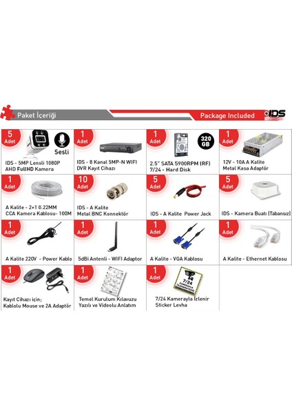 Sesli - 5 Kameralı Fullhd Gece Renkli ve Işıklı Güvenlik Kamerası - Kamera Seti 320GB Disk fiyatları