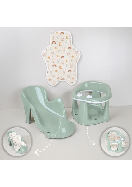 3'lü Set - Vakumlu Bebek Yıkama Aparatı, Vakumlu Destekli Banyo Oturağı, Banyo Oturak Minderi Yeşil
