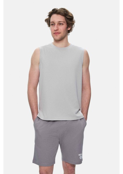 BODHI Açık Gri Bisiklet Yaka Sıfır Kol Baskılı Modal Kumaş Oversize Erkek Tshirt