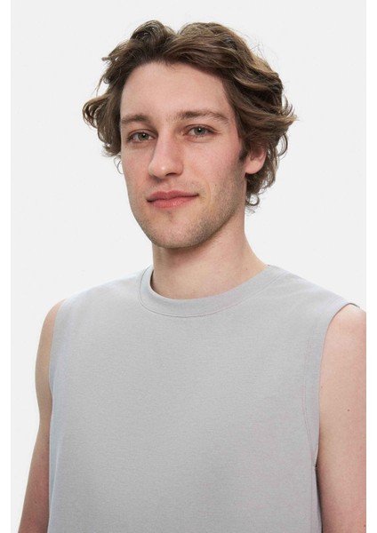 BODHI Açık Gri Bisiklet Yaka Sıfır Kol Baskılı Modal Kumaş Oversize Erkek Tshirt fiyatları