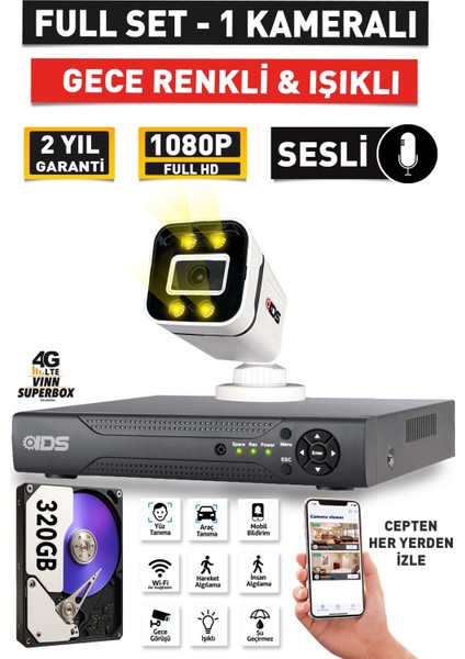 Sesli - 1 Kameralı Fullhd Gece Renkli ve Işıklı Güvenlik Kamerası - Kamera Seti 320GB Disk