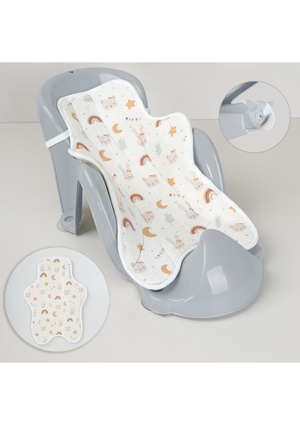 2'li Bebek Yıkama Aparatı ve Minder Seti - Vakumlu Küvet Oturağı, Yıkanabilir Oturak Minderi Gri