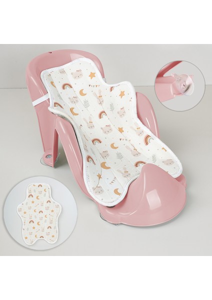 2'li Bebek Yıkama Aparatı ve Minder Seti - Vakumlu Küvet Oturağı, Yıkanabilir Oturak Minderi Pembe