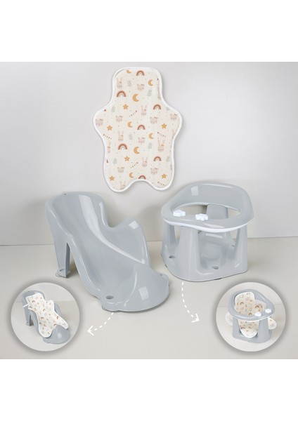 3'lü Set - Vakumlu Bebek Yıkama Aparatı, Vakumlu Destekli Banyo Oturağı, Banyo Oturak Minderi Gri