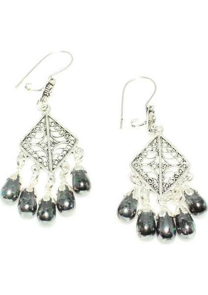 925 Ayar Gümüş Baklava Modeli Siyah İnci Taşlı Küpe modelleri