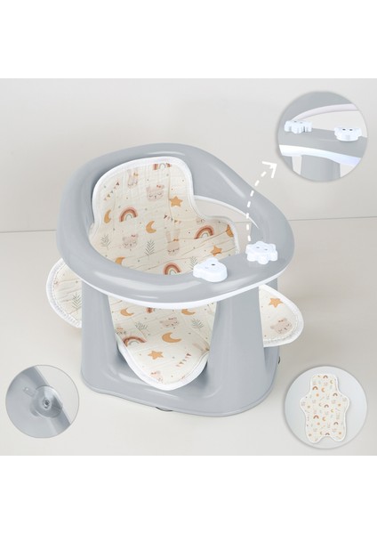 2'li Bebek Banyo Oturağı ve Minder Seti - Vakum Taban Mama Oturağı, Yıkanabilir Oturak Minderi Gri