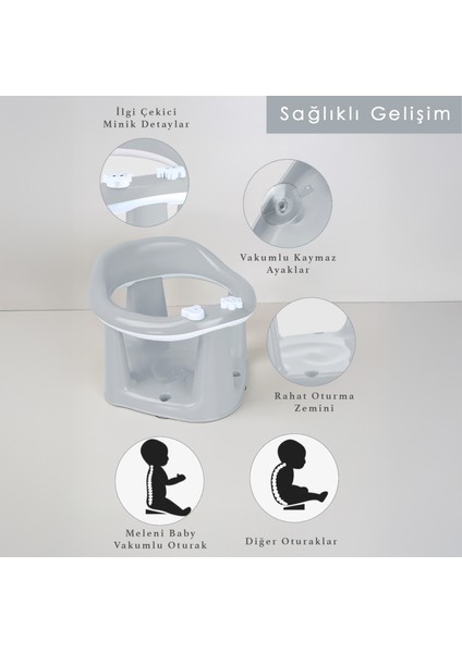2'li Bebek Banyo Oturağı ve Minder Seti - Vakum Taban Mama Oturağı, Yıkanabilir Oturak Minderi Gri