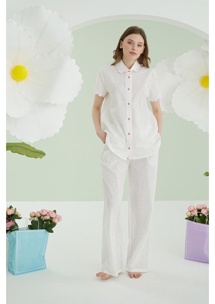 %100 Pamuklu Puantiyeli Önden Düğmeli Pijama Takımı