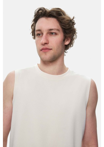 BODHI Kemik Rengi Bisiklet Yaka Sıfır Kol Baskılı Modal Kumaş Oversize Erkek Tshirt modelleri