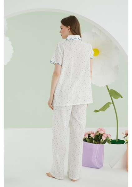 %100 Pamuklu Puantiyeli Önden Düğmeli Pijama Takımı modelleri