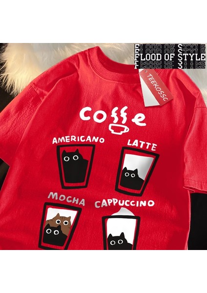 Eğlenceli Kahve Kedi Japon Tarzı Erkek Kadın T-Shirt Boy Tshirt Nefes Gevşek Kısa Kollu Tee E